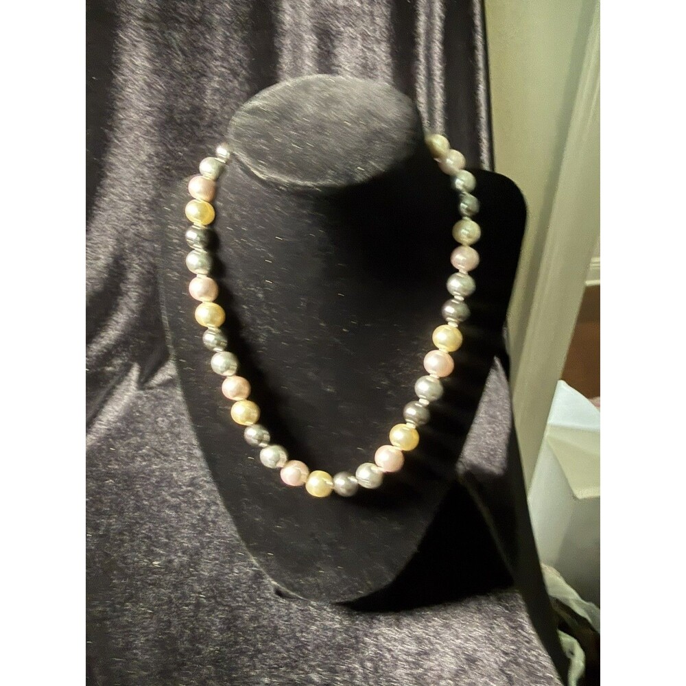 Faux Pearl Glass Necklace Sterling Silver Strand Knotted 10mm 18” Multicolor NWT